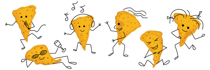 Nacho characters singing and dancing at a music party. Mexican food. Set of stickers for snack packaging and banners. Vector illustration of a mascot for Mexican cuisine. For design fast food, menus.