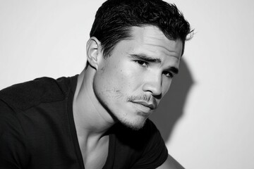 A black-and-white portrait, using soft natural light to gently highlight his facial features, emphasizing the simplicity and depth of a monochrome portrait.