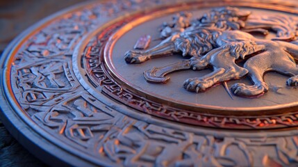 Close up of a decorative relief featuring two lions with intricate celtic style patterns