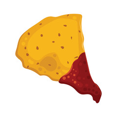 A piece of nachos in red hot sauce. A Mexican snack with spicy salsa, tomato sauce, and chili pepper. Fast food of traditional Latin cuisine. Vector image for packaging, menus, design, and banners.