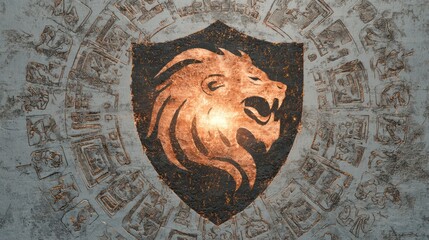 Close up of a shield featuring a golden lions head against an ancient textured background