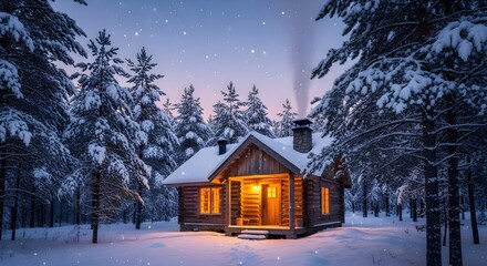 Naklejka premium A charming wooden cottage in the middle of a snowy forest illuminated by golden light, creating a calm and cozy winter evening scene