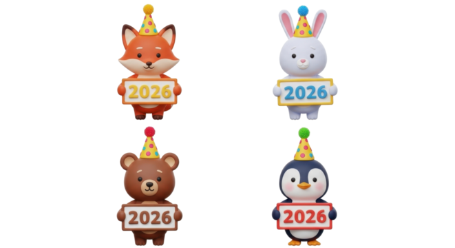 Four adorable animal figurines celebrating New Year 2026 with party hats.
