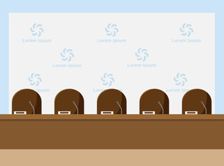 Empty press conference cartoon scene. Press conference with table and microphones. Vector stock