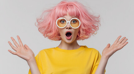 A woman, wearing a vibrant yellow crew-neck t-shirt, with voluminous bright pink bob wig and bangs, hair dramatically wind-blown. Her mouth is open in a playful surprise expression 