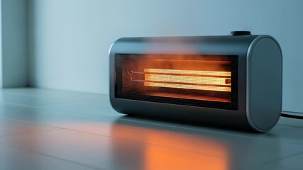  Close up of an electric heater with glowing red elements for home warming and comfort. Home appliance footage.