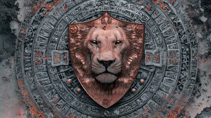 Close up of a bronze lion head crest on a weathered shield against a circular background
