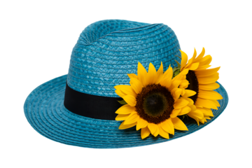 blue ladies Hat with Sunflower Decoration on transparent background