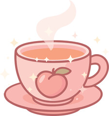 Adorable pastel illustration of a steaming peach tea cup with sparkles, drawn in a kawaii pink aesthetic and soft gradient tones.