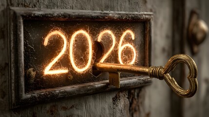 Golden key unlocks a glowing 2026 sign symbolizing new beginnings and future opportunities with a vintage and hopeful aesthetic design element