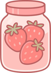 Adorable kawaii illustration of a pink glass jar filled with strawberries, surrounded by sparkles and drawn in a soft pastel aesthetic.