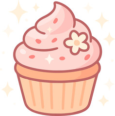 Adorable kawaii cupcake with pink frosting, sparkles, and a tiny flower decoration, illustrated in soft pastel tones for a sweet aesthetic.