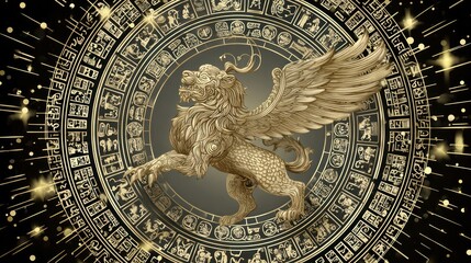 Golden winged lion sculpture against a zodiac wheel on a starry black background