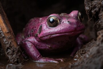 Fototapeta premium Purple Frog's Secret Hideaway: This rare purple frog, a unique amphibian, peeks from its earthy hideaway, revealing its vibrant skin tone and captivating presence in a naturalistic habitat.