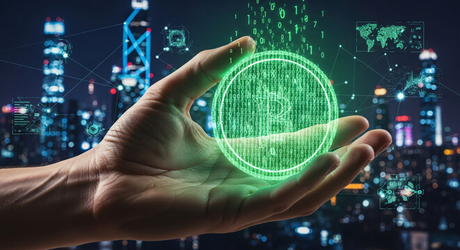 Hand Holding Glowing Bitcoin Symbol with Digital Data Flowing Over Cityscape