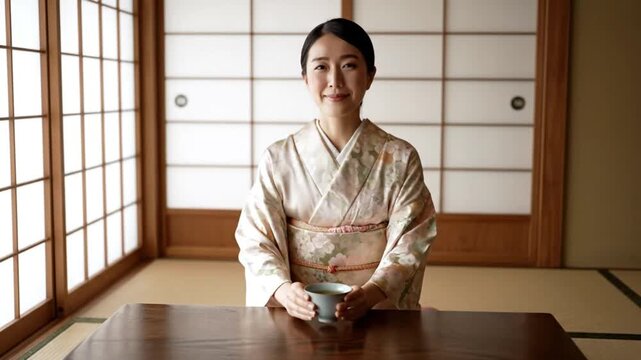 Asian woman in kimono enjoying a cup of tea in a traditional japanese room with tatami mats