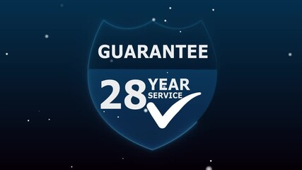 A abstract glowing modern “28 Year Guarantee” label design suitable for product packaging animation, promotional materials, and digital marketing with background.