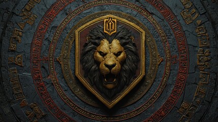 Close up of a golden lion crest on a stone background with intricate engravings surrounding