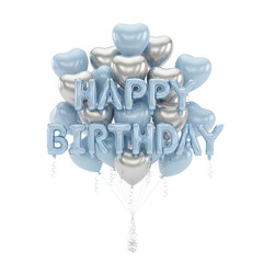 Pastel blue and silver foil balloons spelling out 'Happy Birthday' floating prominently. Conveys a fresh, cool, and modern feeling. Ideal for parties, boy's birthday cards, or pastel-themed social med
