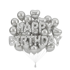 Metallic silver foil balloons spelling out 'Happy Birthday' floating against a bright background. Conveys a festive, modern, and elegant feeling. Ideal for celebrations, greeting cards, or social medi