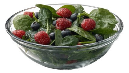 Vibrant salad featuring fresh spinach juicy raspberries and blueberries served in a clear glass bowl isolated on transparent background