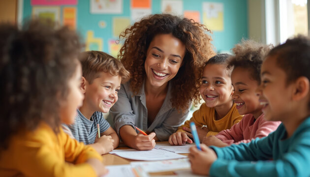 Female teacher laughs with diverse group of young children in classroom. Kids and woman smile while learning and drawing together. Early childhood education fun.
