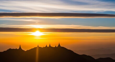 Sunset Over Mountain Pagodas with Lenticular Clouds Keywords: sunset, sunrise, sky, clouds