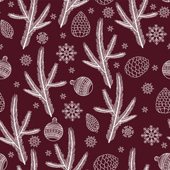 Christmas pattern with pine branches, pine cones and holly, snowflakes, and Christmas balls. Flat vector illustration. Festive design for wrapping paper, fabric, textiles, and greeting cards.