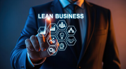 Lean Business Concept: Businessman Touching Digital Interface with Growth Charts, Teamwork, and Innovation Icons for Efficiency and Productivity