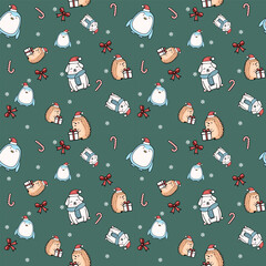 A cute, seamless vector pattern featuring cartoon Christmas icons on a dark forest green background. This simple, fun, and festive design is perfect for holiday wrapping paper or fabric print.