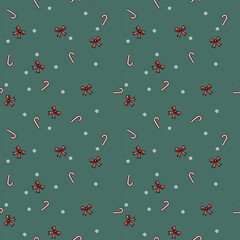 A cute, seamless vector pattern featuring cartoon Christmas icons on a dark forest green background. This simple, fun, and festive design is perfect for holiday wrapping paper or fabric print.