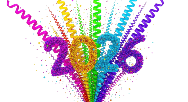 Vibrant 2026 Celebration with Colorful Confetti and Streamers.