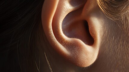 A closeup of a realistic human ear with natural lighting, showing skin pores and fine hair