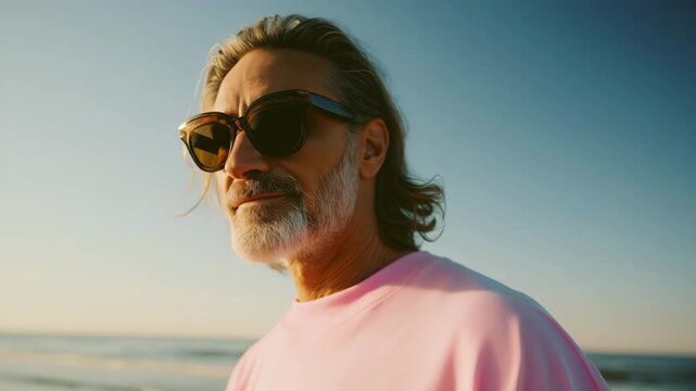 Stylish Older Man in Pink Shirt and Sunglasses Holding Surfboard at Beach
