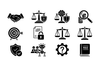 AI Ethics & Responsible Tech Black Solid Icon Set: Trust, Transparency, Algorithmic Bias, Morality Scale, and Human-AI Collaboration Vector Silhouettes.