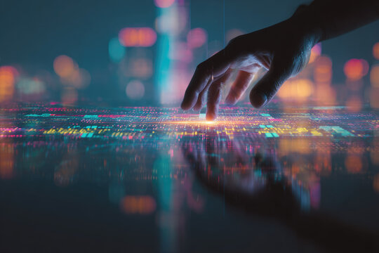 Hand technology digital data futuristic glowing chart abstract finance innovation create futuristic scene with hand interacting with glowing digital data charts reflecting innovation and advanced