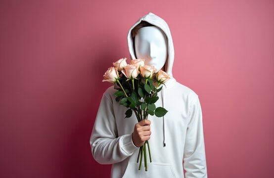 Anonymous person in white hoodie wears mask holds bouquet of pink roses. Secret admirer concept with hidden identity and romantic gesture on pink backdrop. Surprise. - Powered by Adobe