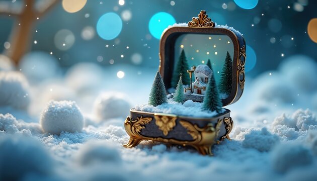 Miniature winter scene in ornate music box with snow-covered cottage and trees. Decorative box is open, revealing intricate design inside. Small snowball on the ground. Snowflakes fall gently around.