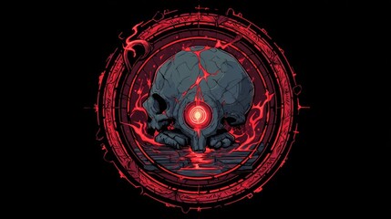 Stylized skull design inside of a circular red frame with flames and dark background