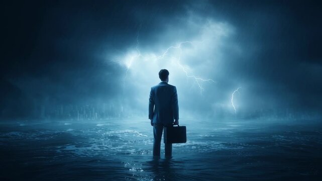 Man in a Suit Facing Stormy Ocean with Lightning, Symbolizing Challenges and Resilience