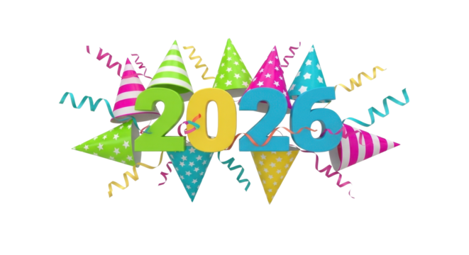 Happy New Year 2026 Celebration with Party Hats and Confetti.