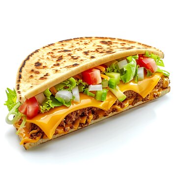 A close up view of a chalupa filled with meat cheese and various fresh toppings