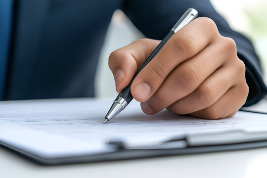 a hand providing a pen isolated on a white background 