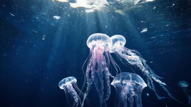 A captivating image of jellyfish gracefully swimming in the deep ocean, their forms illuminated by sunbeams