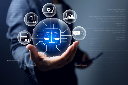 AI ethics concept with businessman holding AI icon to create and generate music, video, image or wording but must consider ethical considerations infringe on the copyrights of human