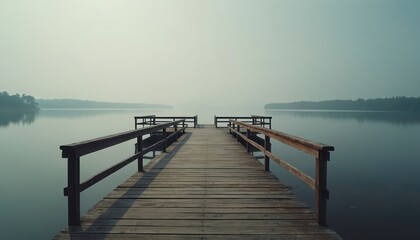 Fototapeta premium Wooden pier extends over calm lake water, leading to distant misty tree lines on horizon. Gentle waves lap shore under soft overcast sky. Peaceful nature scene invites quiet contemplation.