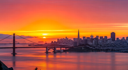 Fototapeta premium Stunning vibrant sunset over the Golden Gate Bridge and San Francisco city skyline, reflecting in the bay.