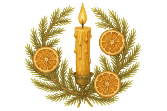 Christmas candle wreath with dried orange slices and fir branches, festive cozy holiday season watercolor illustration