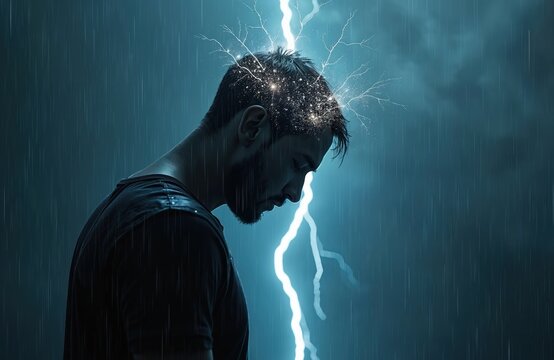 Man suffering from mental health issues, head exploding with electricity, standing in heavy rain. Male person experiencing emotional pain, sadness, depression. Dark blue background, stormy weather,