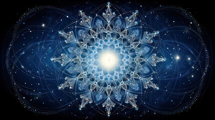 Abstract illustration of a symmetrical radiant mandala design with a dark blue background